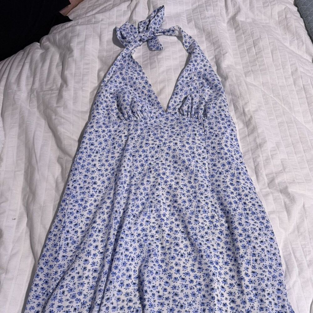 blue and white mini dress